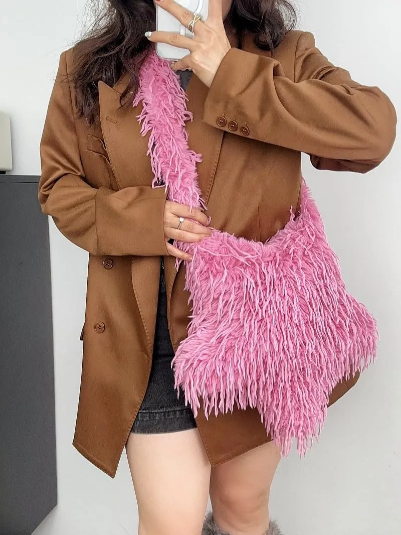 2024 New Y2K Star -shaped Bags Women's Faux Fur Fuzzy Hobo Bag Furry Crossbody Purse Grunge Bag