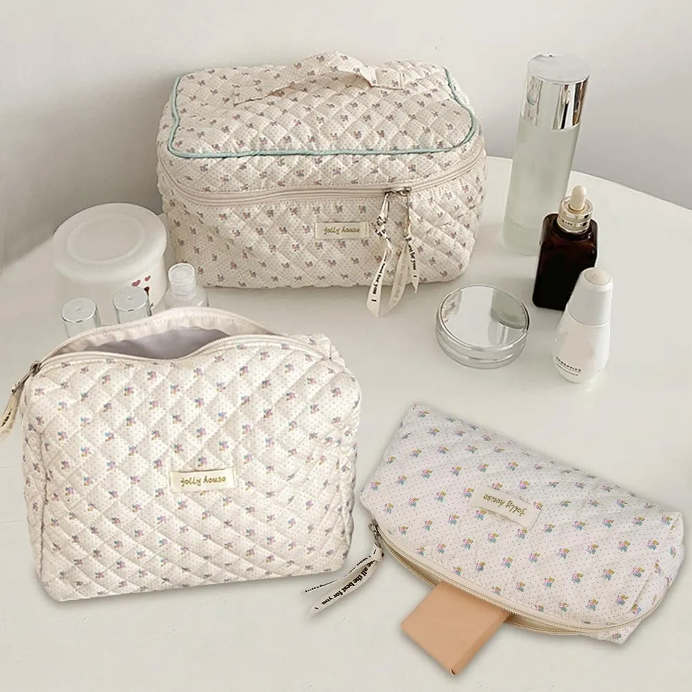 2/3 Pcs Cotton Quilted Makeup Bag Coquette Makeup Bag Quilted Cosmetic Pouch Floral Printed Cosmetic Pouch Coquette Athetic Floral Portable ry for Women Girls