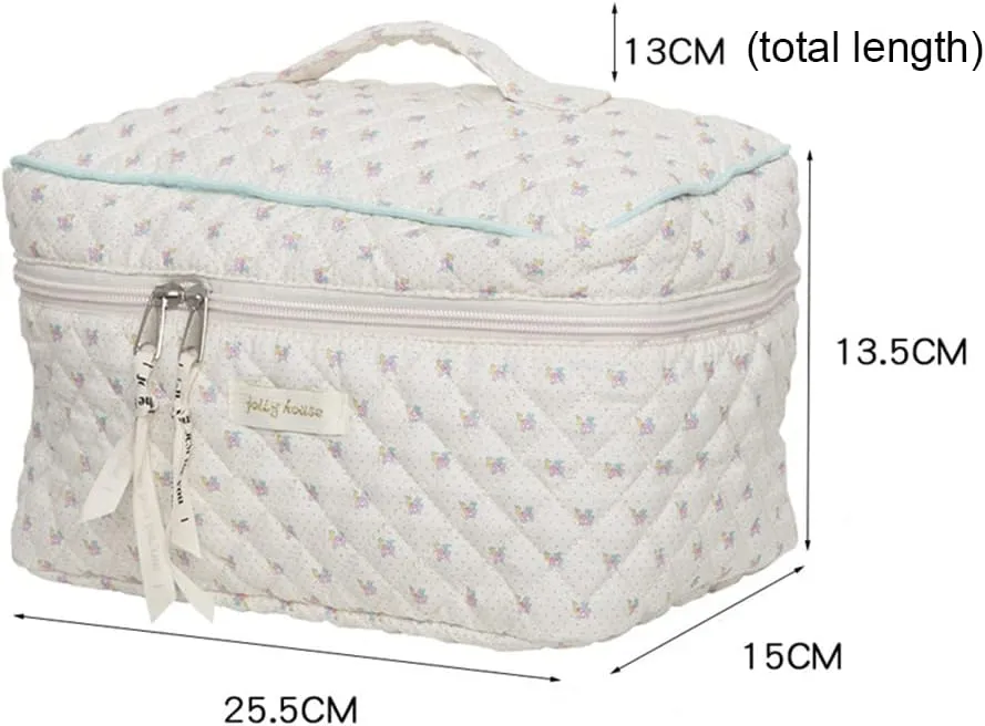 2/3 Pcs Cotton Quilted Makeup Bag Coquette Makeup Bag Quilted Cosmetic Pouch Floral Printed Cosmetic Pouch Coquette Athetic Floral Portable ry for Women Girls