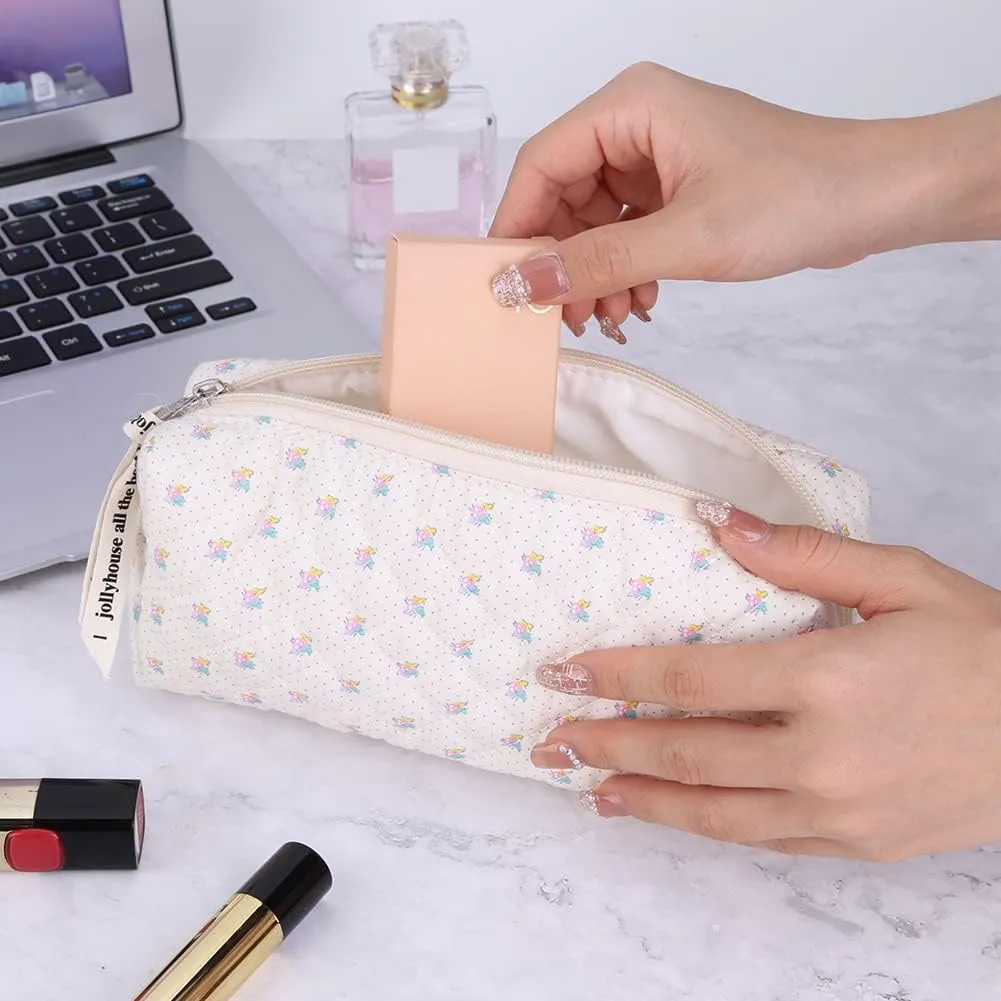 2/3 Pcs Cotton Quilted Makeup Bag Coquette Makeup Bag Quilted Cosmetic Pouch Floral Printed Cosmetic Pouch Coquette Athetic Floral Portable ry for Women Girls