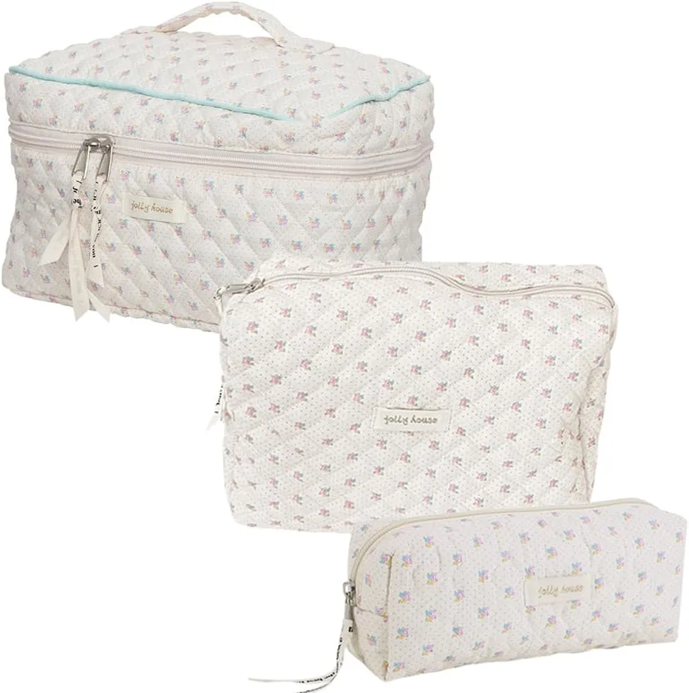 2/3 Pcs Cotton Quilted Makeup Bag Coquette Makeup Bag Quilted Cosmetic Pouch Floral Printed Cosmetic Pouch Coquette Athetic Floral Portable ry for Women Girls