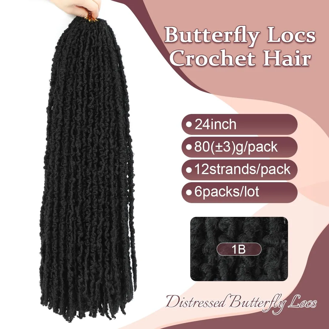 24 inch Butterfly Locs Crochet Hair Pre Looped Distressed Faux Locs Crochet Hair for Black Women 6 Packs Butterfly Soft Locs Natural Hair Extension(24inch,1B)
