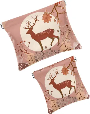 2Pcs Faux Leather Makeup Bag for Purse, Small Pouches for Purse, Mini Portable Cosmetic Bags for Women, Shrapnel Closure Jewelry Storage Bag, Fall Floral Elk Artistic Modern