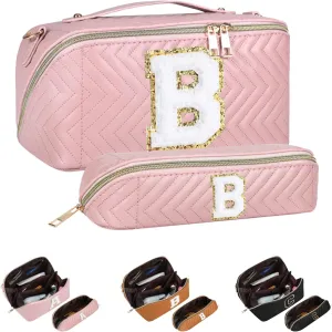 2Pcs Initial Makeup Bags for Women - Waterproof PU Leather Cosmetic Organizer, Large Capacity Open Flat Travel Set with Dividers & Handle, Personalized Birthday & festival Gift (Pink, B)