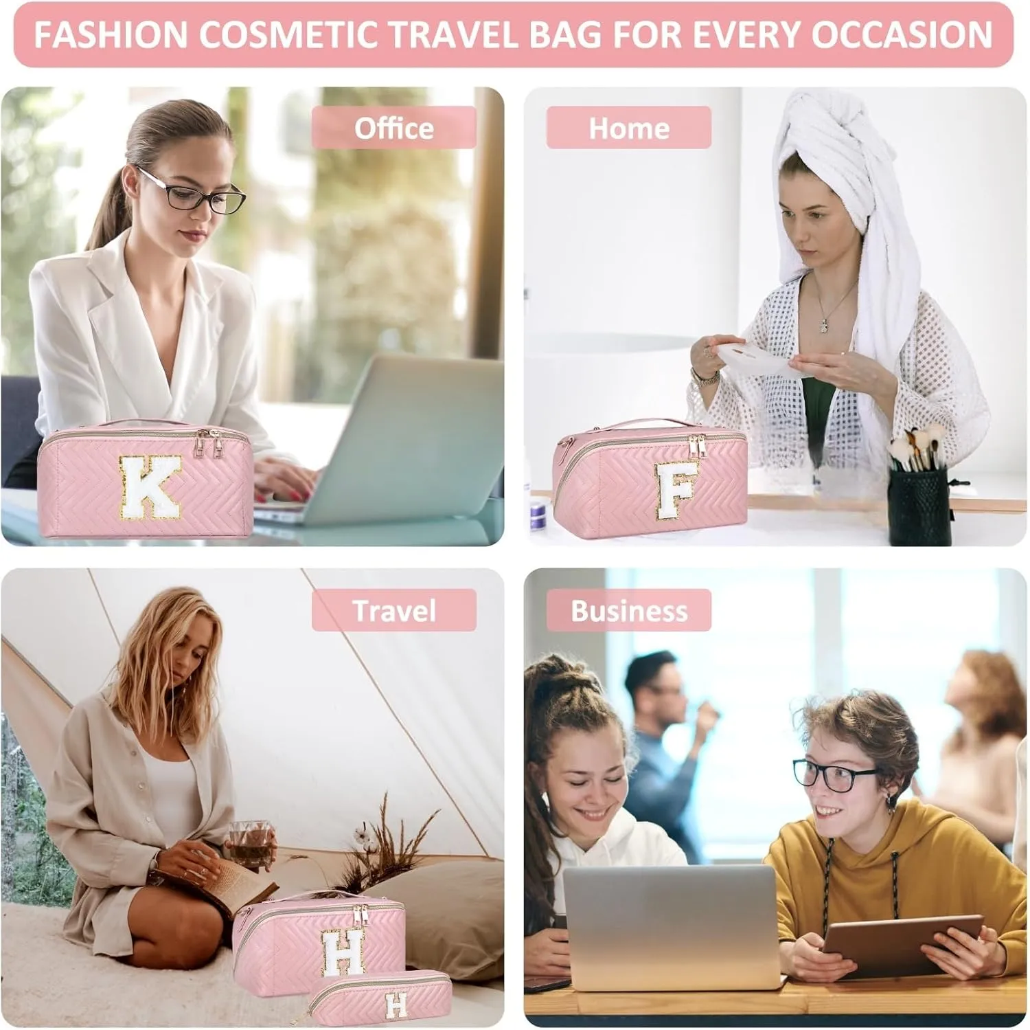 2Pcs Initial Makeup Bags for Women - Waterproof PU Leather Cosmetic Organizer, Large Capacity Open Flat Travel Set with Dividers & Handle, Personalized Birthday & festival Gift (Pink, B)