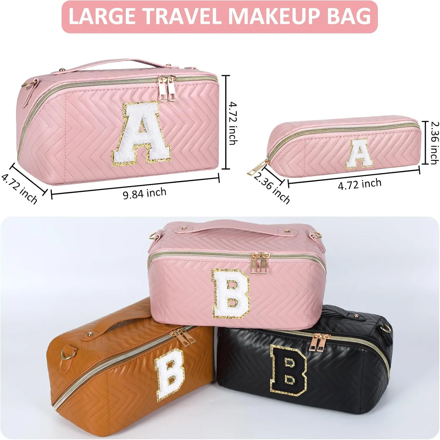 2Pcs Initial Makeup Bags for Women - Waterproof PU Leather Cosmetic Organizer, Large Capacity Open Flat Travel Set with Dividers & Handle, Personalized Birthday & festival Gift (Pink, B)