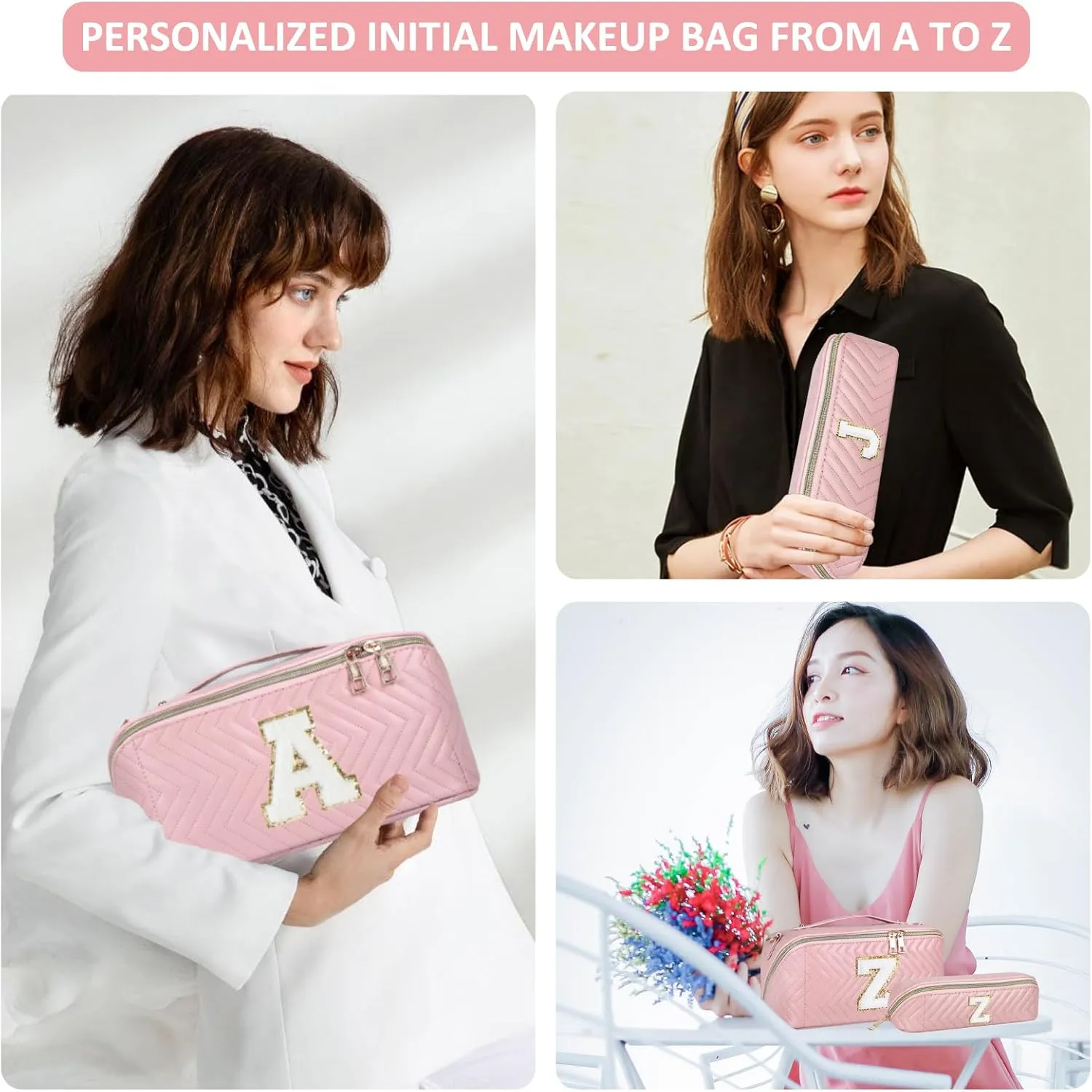 2Pcs Initial Makeup Bags for Women - Waterproof PU Leather Cosmetic Organizer, Large Capacity Open Flat Travel Set with Dividers & Handle, Personalized Birthday & festival Gift (Pink, B)