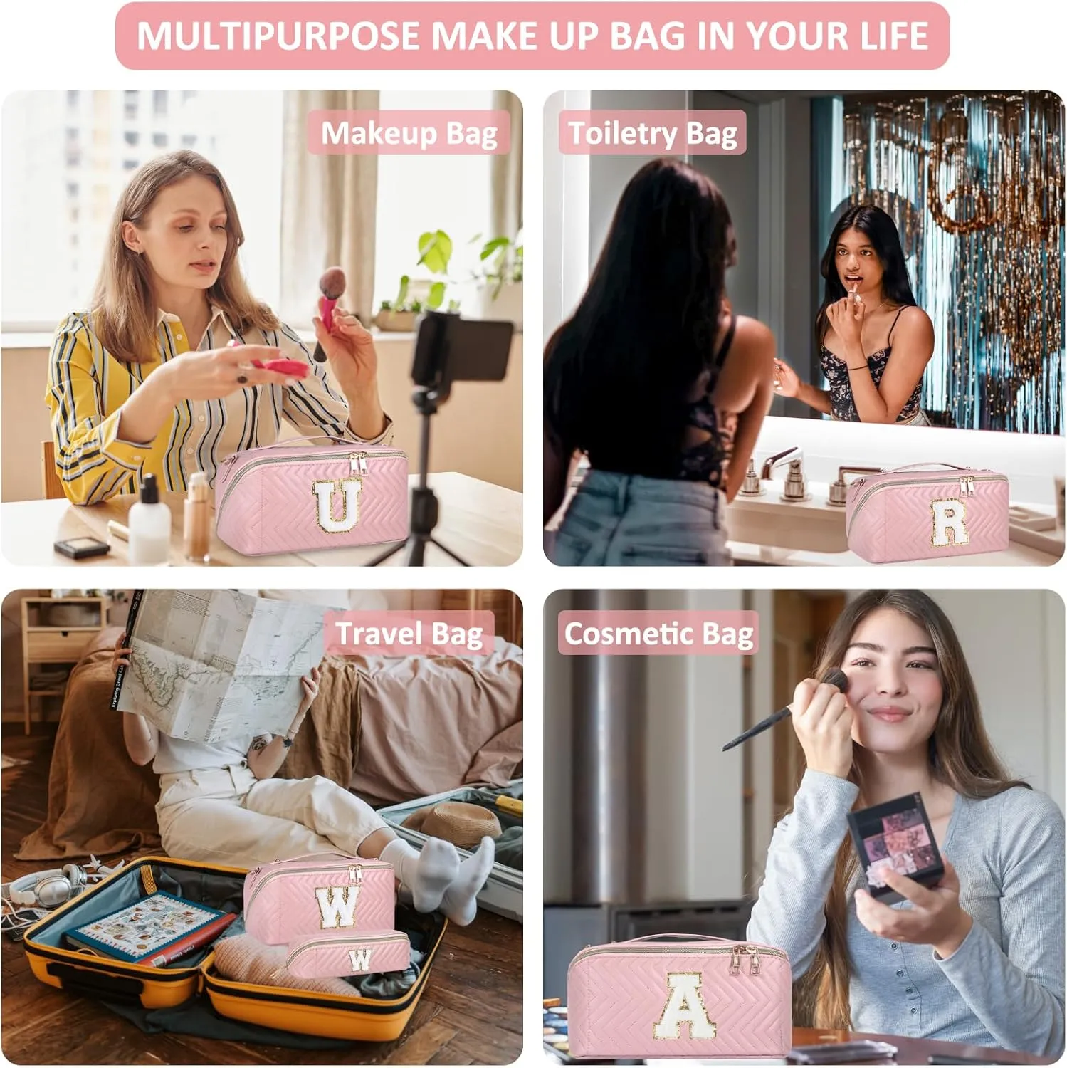 2Pcs Initial Makeup Bags for Women - Waterproof PU Leather Cosmetic Organizer, Large Capacity Open Flat Travel Set with Dividers & Handle, Personalized Birthday & festival Gift (Pink, B)
