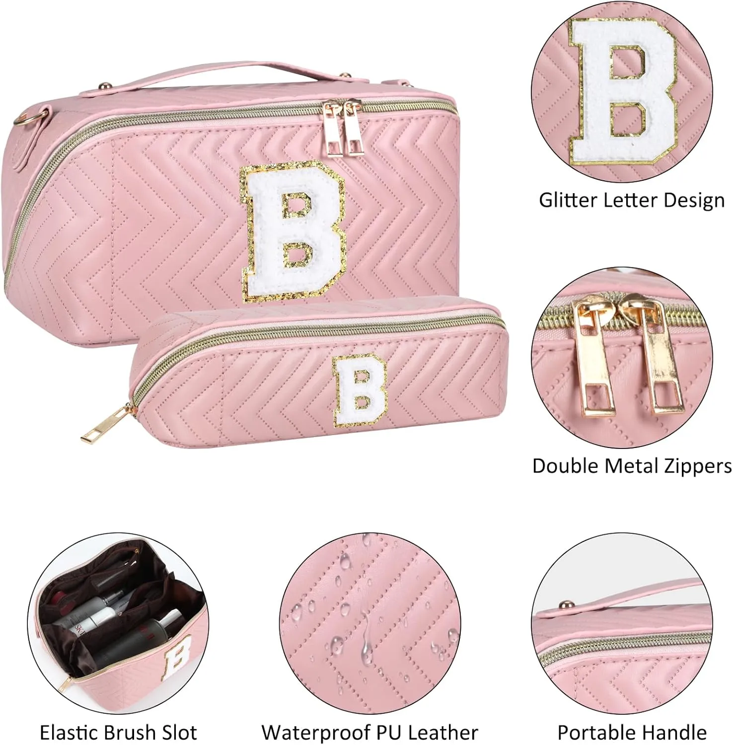 2Pcs Initial Makeup Bags for Women - Waterproof PU Leather Cosmetic Organizer, Large Capacity Open Flat Travel Set with Dividers & Handle, Personalized Birthday & festival Gift (Pink, B)