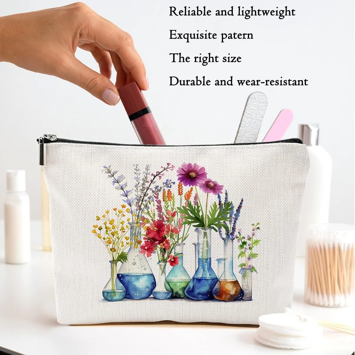 2pcs Science Teacher Gifts Floral Cosmetic Bags for Women, Chemistry Floral Makeup Bag Laboratory Gifts for Women Teacher Friend Sister Mom Christmas Thanksgiving Birthday