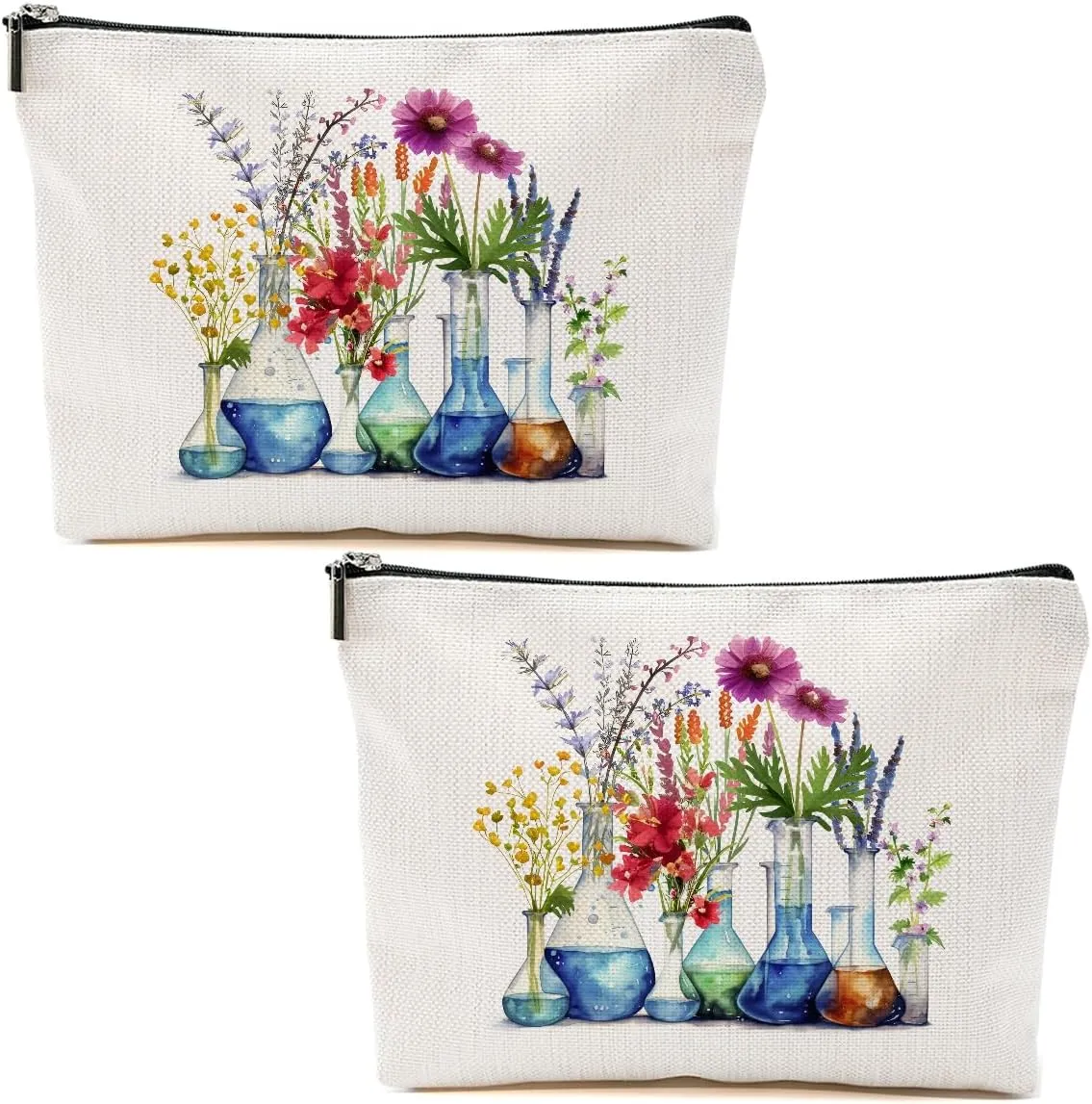 2pcs Science Teacher Gifts Floral Cosmetic Bags for Women, Chemistry Floral Makeup Bag Laboratory Gifts for Women Teacher Friend Sister Mom Christmas Thanksgiving Birthday