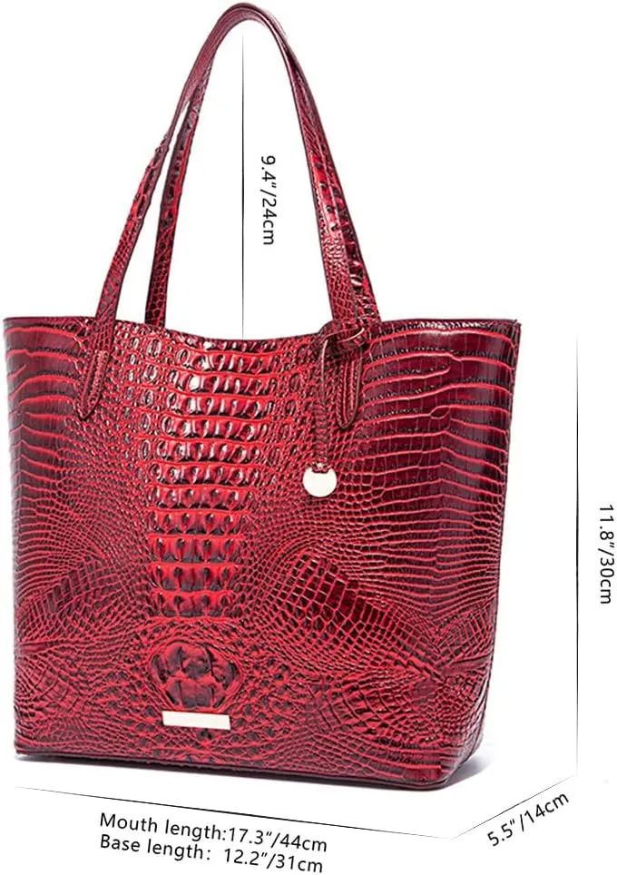 2PCS Set Tote Handbag for Women Crocodile Print Shoulder Purse Leather Work Shopper Top-handle Bag with Clutch