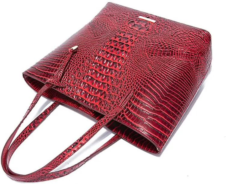 2PCS Set Tote Handbag for Women Crocodile Print Shoulder Purse Leather Work Shopper Top-handle Bag with Clutch