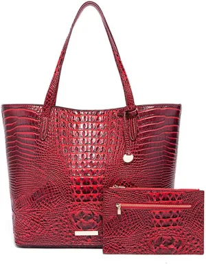 2PCS Set Tote Handbag for Women Crocodile Print Shoulder Purse Leather Work Shopper Top-handle Bag with Clutch