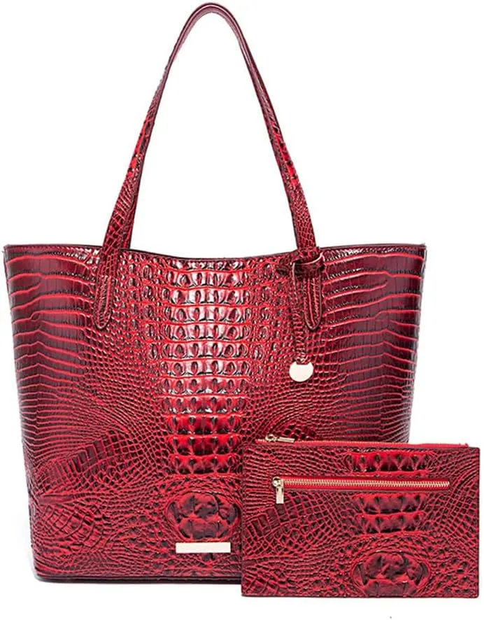 2PCS Set Tote Handbag for Women Crocodile Print Shoulder Purse Leather Work Shopper Top-handle Bag with Clutch