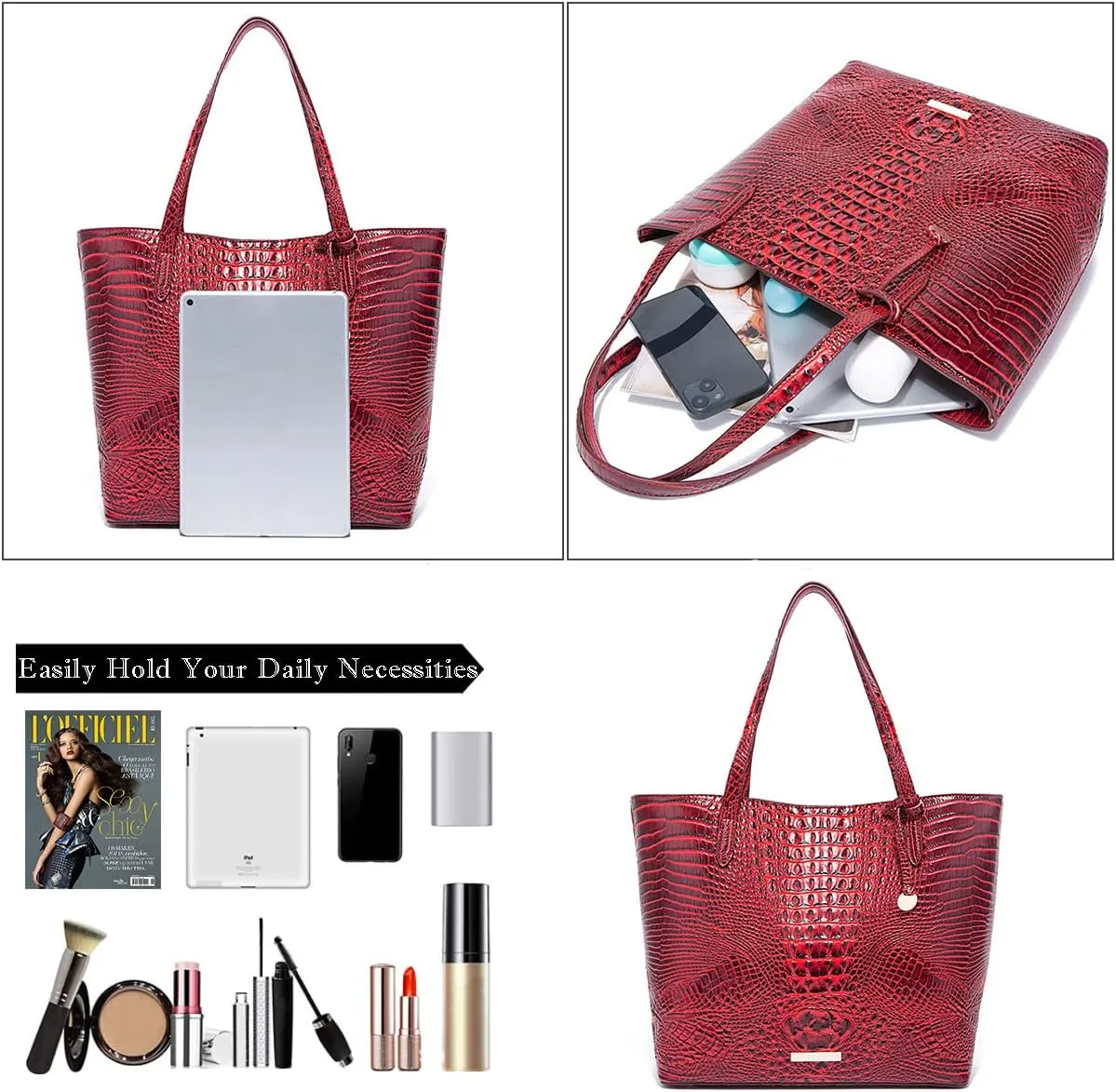 2PCS Set Tote Handbag for Women Crocodile Print Shoulder Purse Leather Work Shopper Top-handle Bag with Clutch