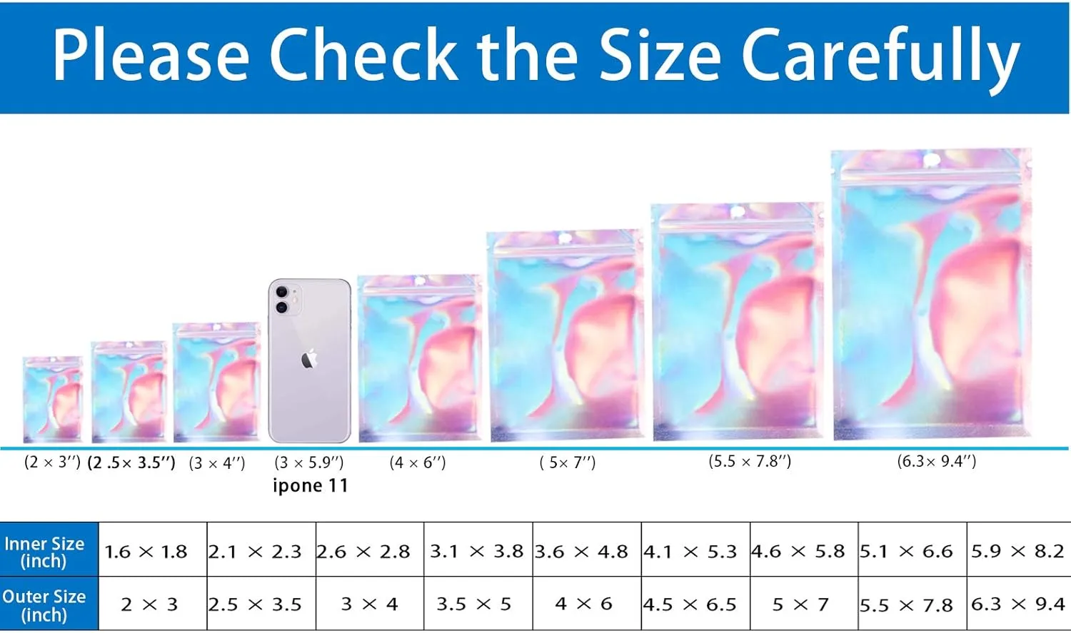 2x3 inch 100PCS Resealable Smell Proof Bags,Holographic Packaging Bags,Foil Pouch Baggies Clear Small Mylar Ziplock Bag for Jewelry,Candy,Food Storage,Business