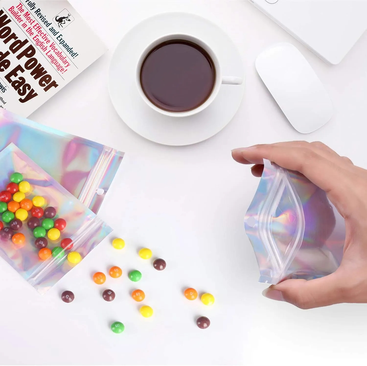 2x3 inch 100PCS Resealable Smell Proof Bags,Holographic Packaging Bags,Foil Pouch Baggies Clear Small Mylar Ziplock Bag for Jewelry,Candy,Food Storage,Business