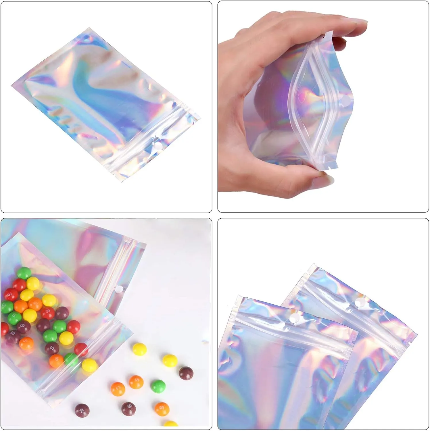 2x3 inch 100PCS Resealable Smell Proof Bags,Holographic Packaging Bags,Foil Pouch Baggies Clear Small Mylar Ziplock Bag for Jewelry,Candy,Food Storage,Business