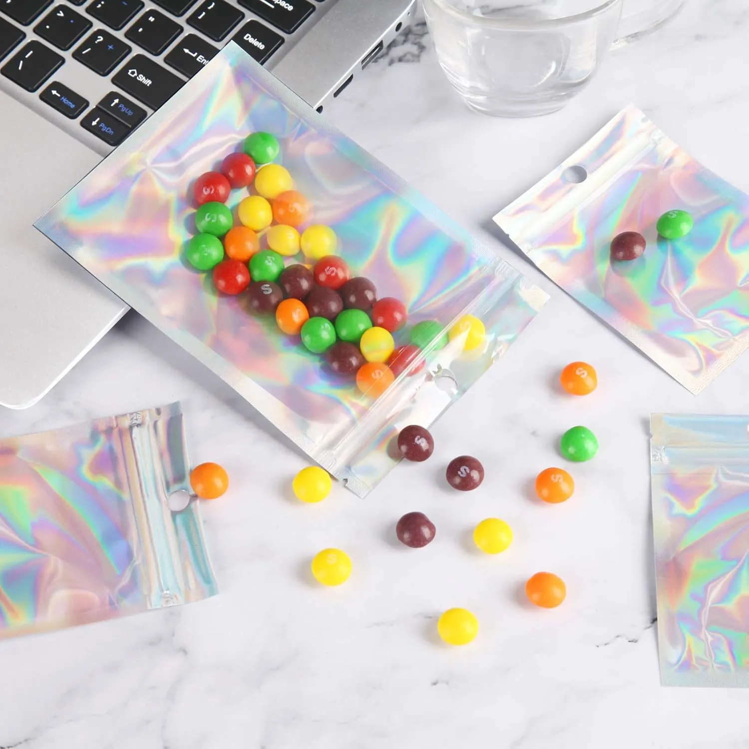 2x3 inch 100PCS Resealable Smell Proof Bags,Holographic Packaging Bags,Foil Pouch Baggies Clear Small Mylar Ziplock Bag for Jewelry,Candy,Food Storage,Business