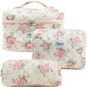 3 Pcs Cotton Quilted Makeup Bag, Large Aesthetic Cosmetic Bag Set Cute Flower Travel Toiletry Bag Makeup Brushes Storage Bag Trendy Makeup Organizer Bag for Women Girls (Pink Flower Set)