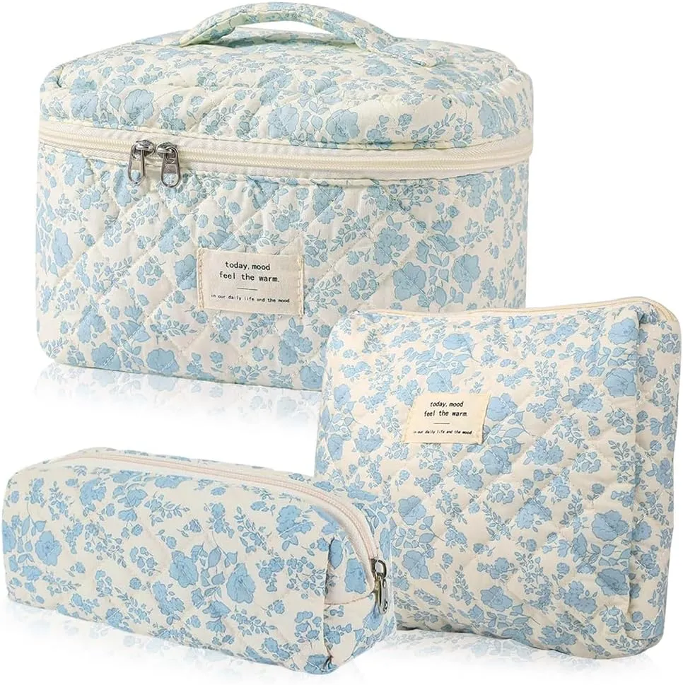 3 Pcs Cotton Quilted Makeup Bag Set, Floral Cotton Cosmetic Bag, Aesthetic Toiletry Travel Organizer Bag for Women
