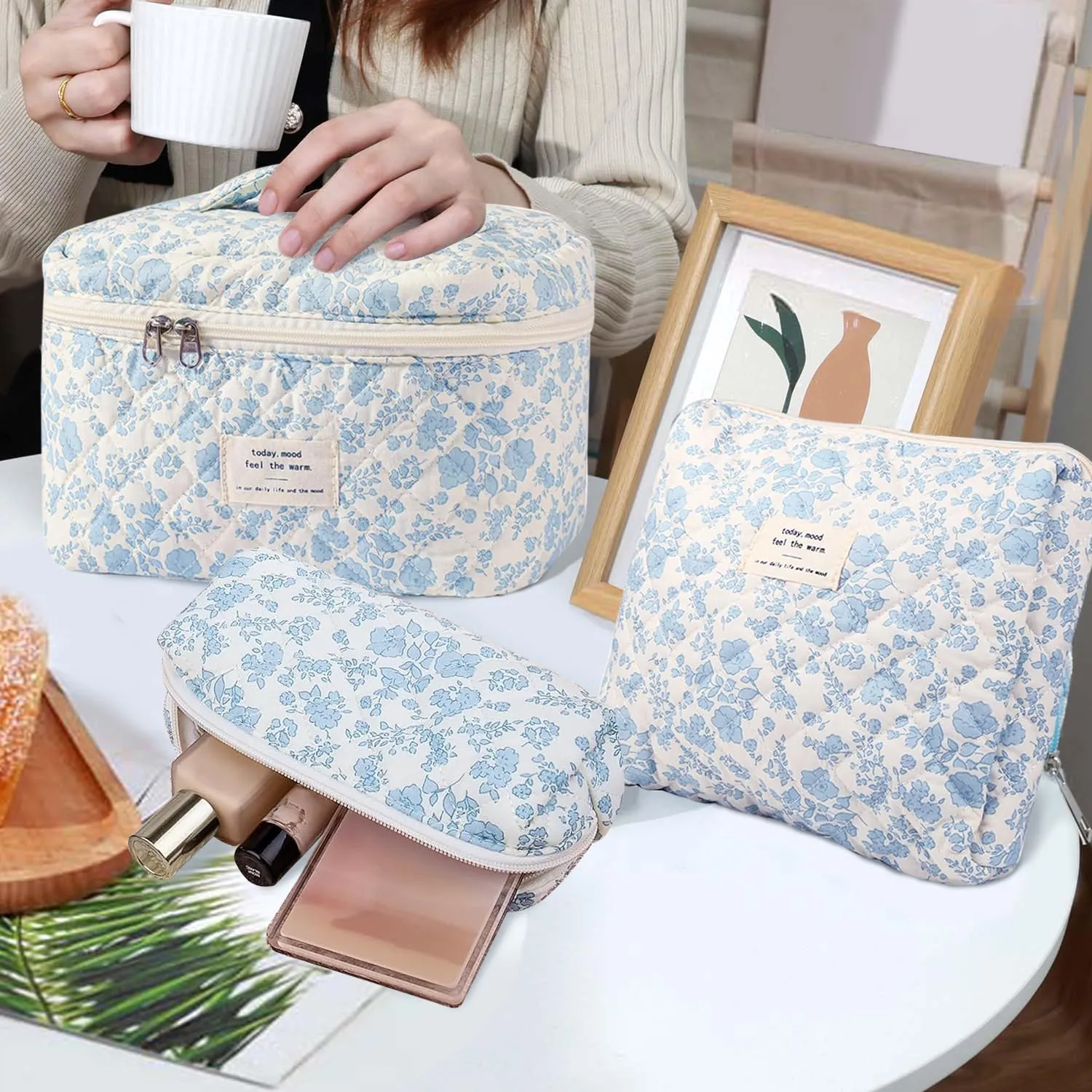 3 Pcs Cotton Quilted Makeup Bag Set, Floral Cotton Cosmetic Bag, Aesthetic Toiletry Travel Organizer Bag for Women