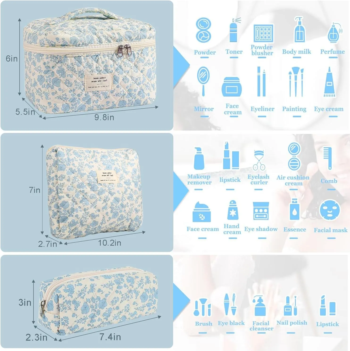 3 Pcs Cotton Quilted Makeup Bag Set, Floral Cotton Cosmetic Bag, Aesthetic Toiletry Travel Organizer Bag for Women