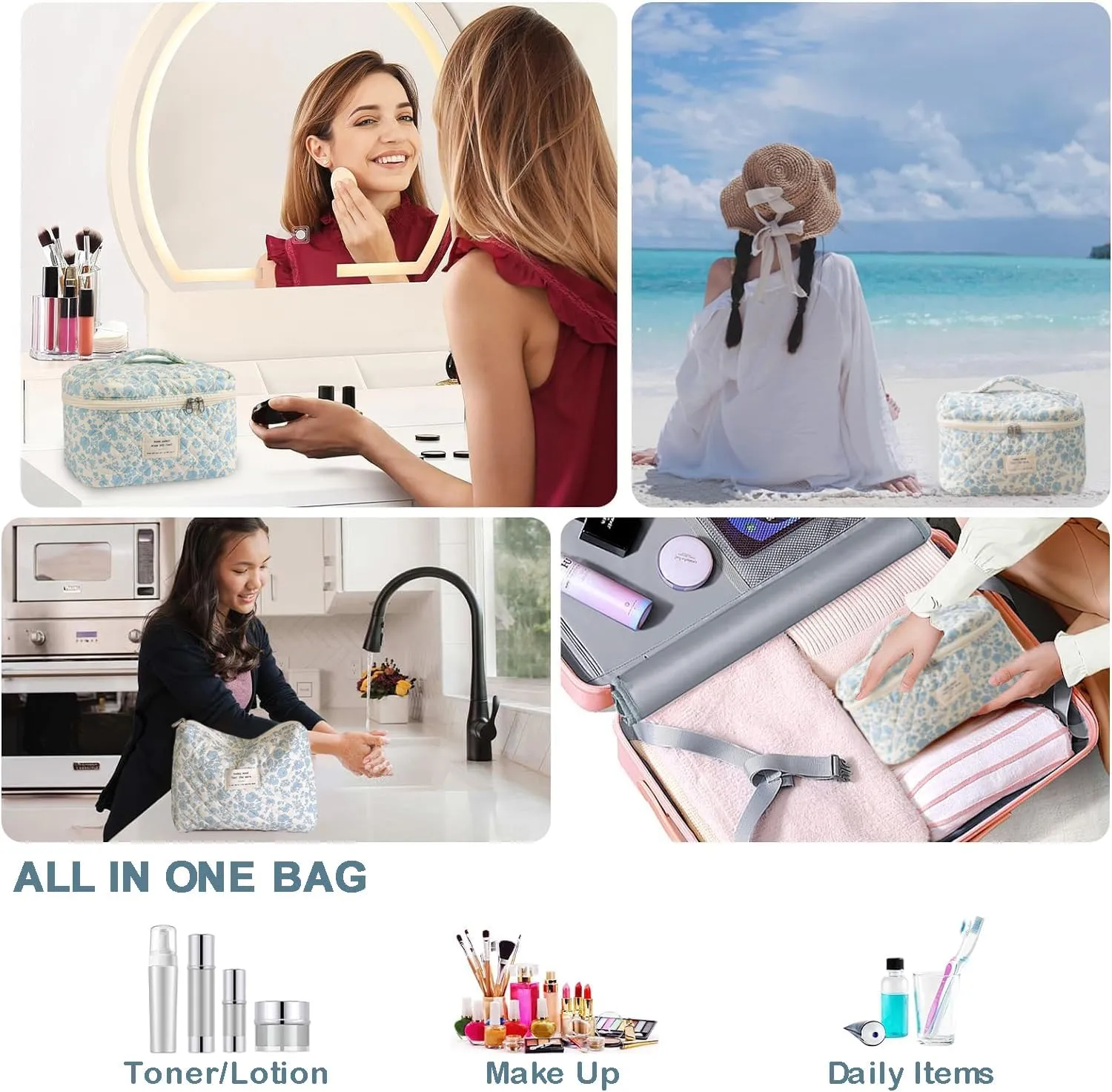 3 Pcs Cotton Quilted Makeup Bag Set, Floral Cotton Cosmetic Bag, Aesthetic Toiletry Travel Organizer Bag for Women