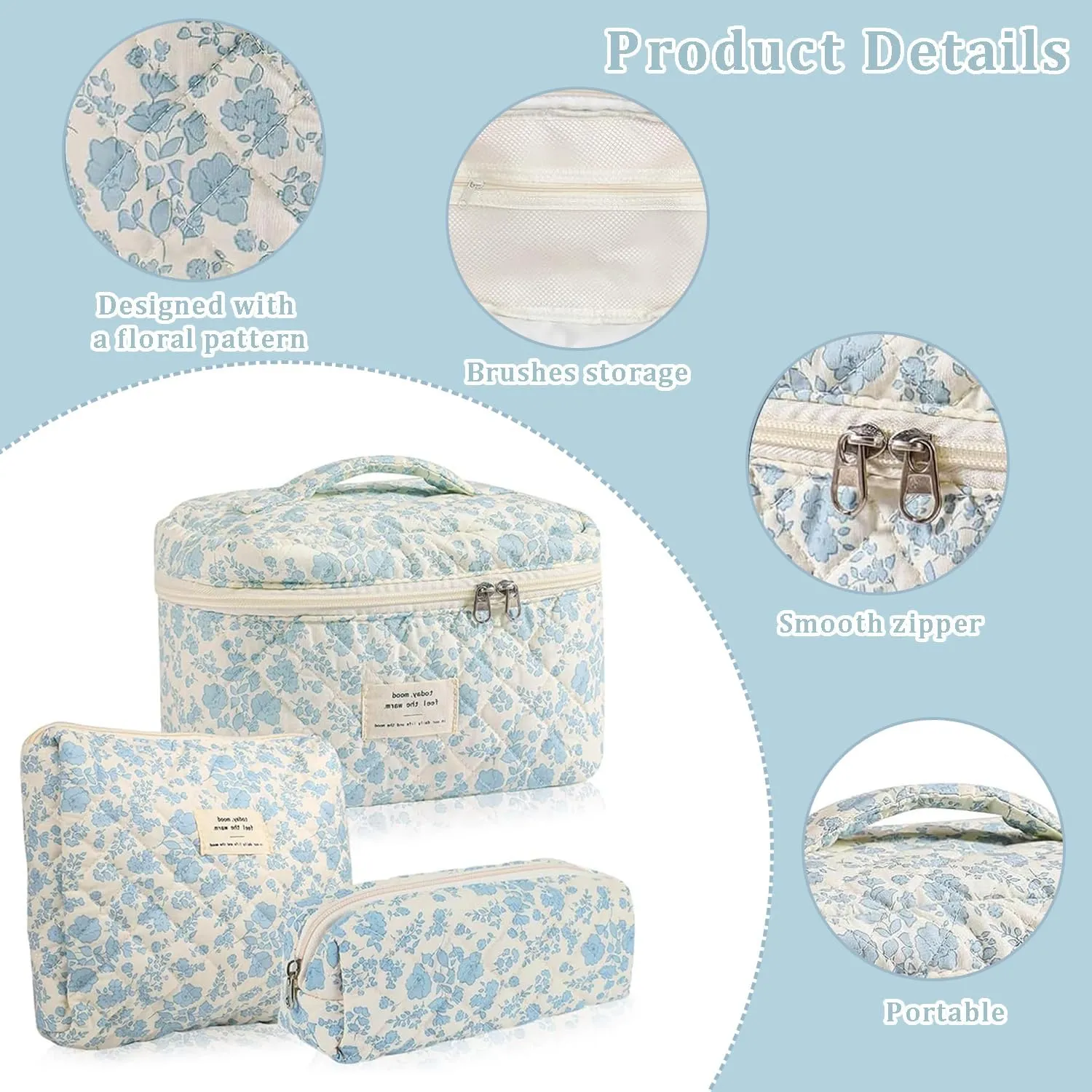 3 Pcs Cotton Quilted Makeup Bag Set, Floral Cotton Cosmetic Bag, Aesthetic Toiletry Travel Organizer Bag for Women