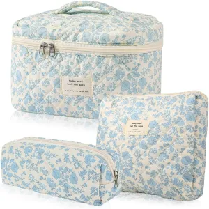3 Pcs Cotton Quilted Makeup Bag Set, Floral Cotton Cosmetic Bag, Aesthetic Toiletry Travel Organizer Bag for Women