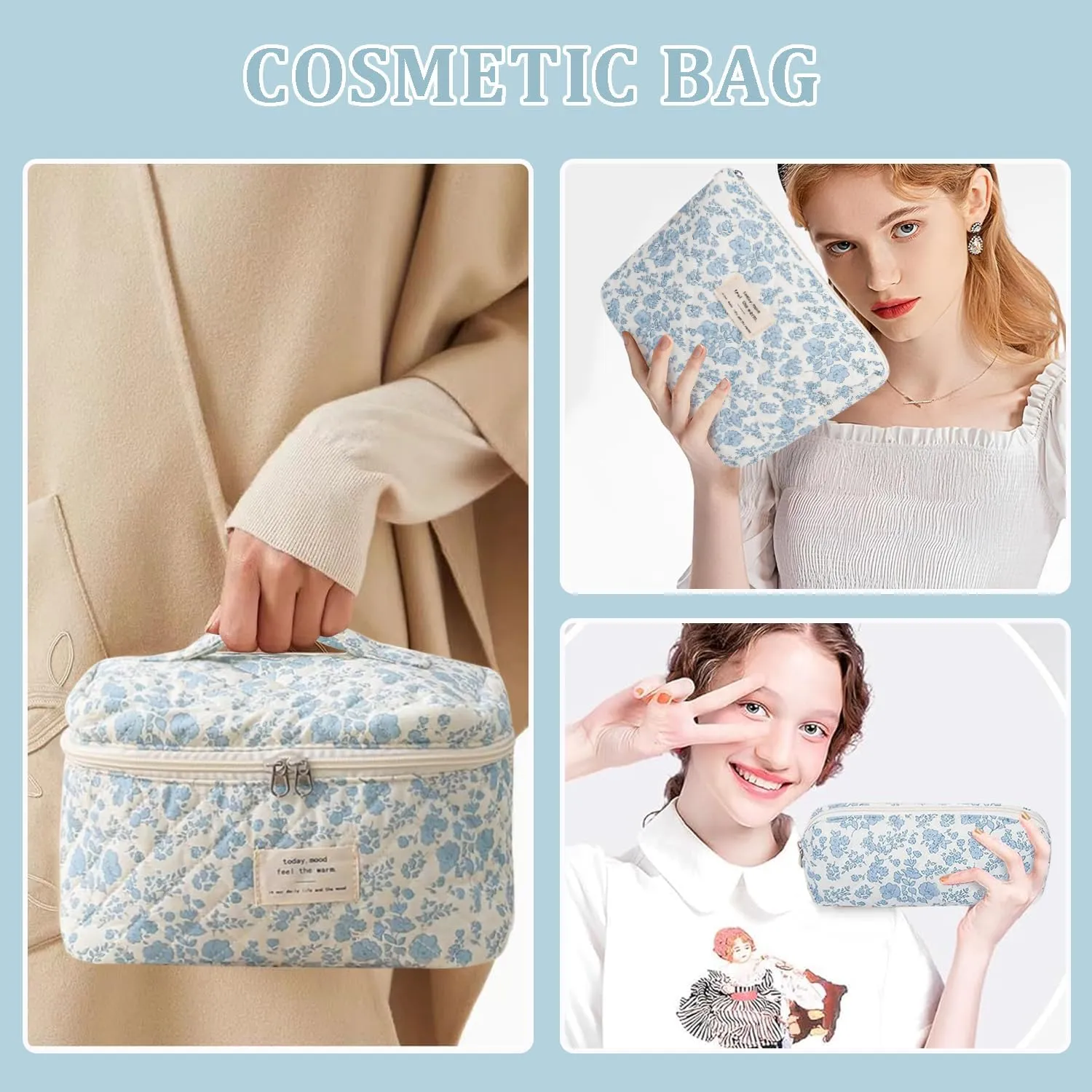 3 Pcs Cotton Quilted Makeup Bag Set, Floral Cotton Cosmetic Bag, Aesthetic Toiletry Travel Organizer Bag for Women