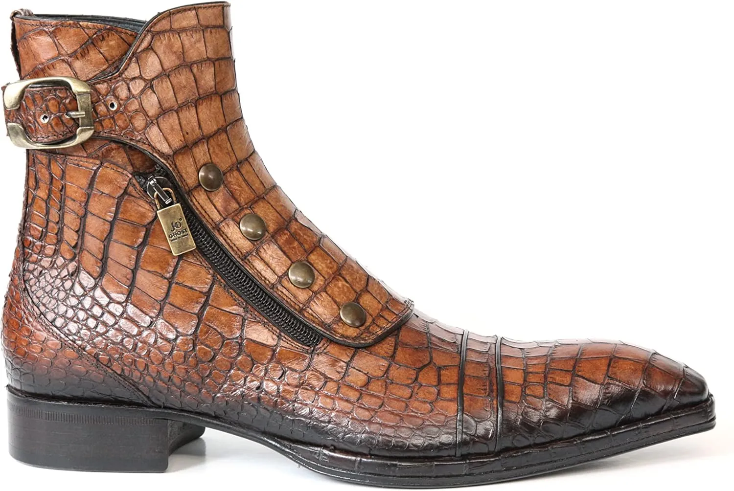 3206 Italian Cognac Crocodile Print Leather Ankle Boots with Zippers, Buttons & Buckle