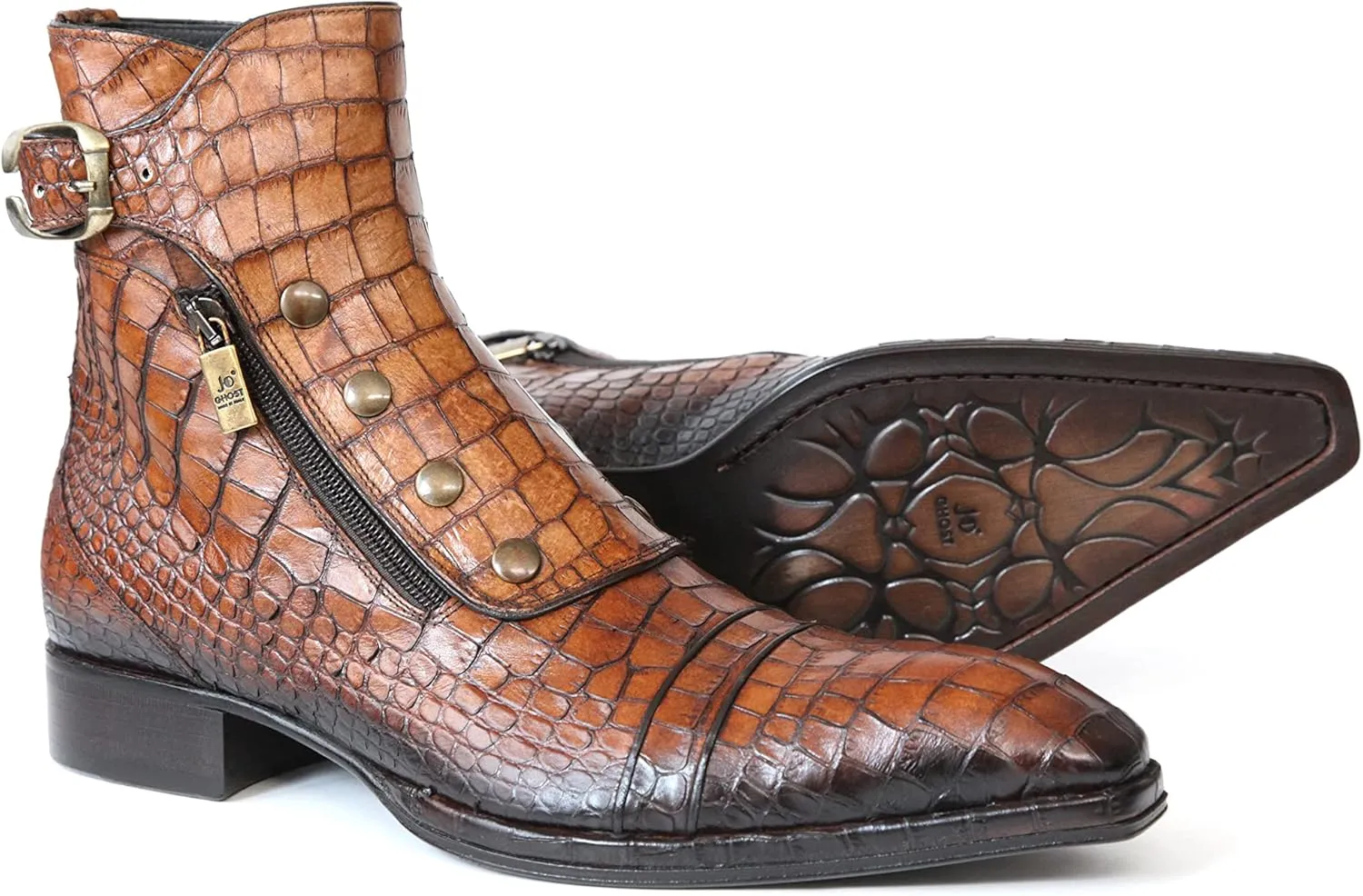 3206 Italian Cognac Crocodile Print Leather Ankle Boots with Zippers, Buttons & Buckle