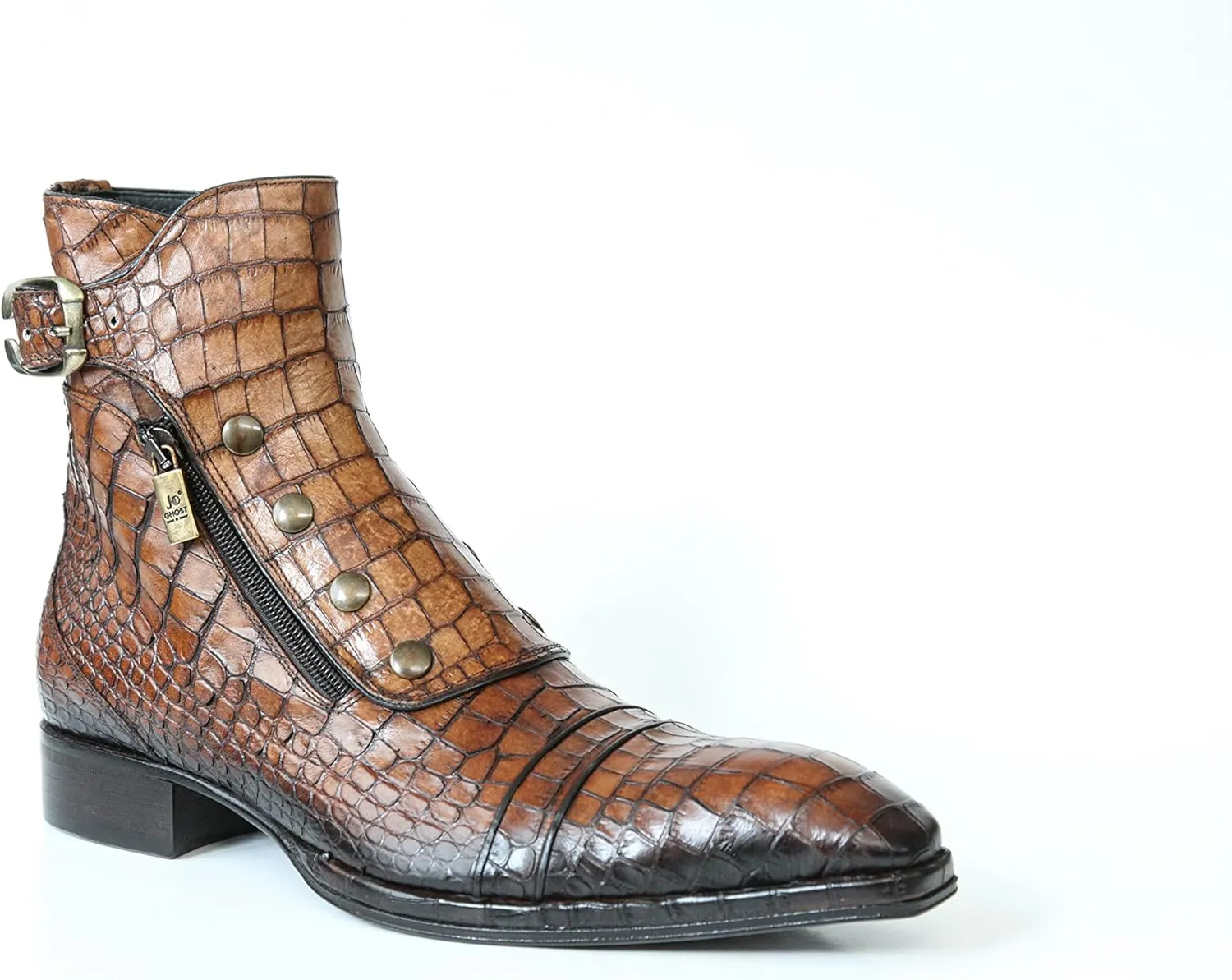3206 Italian Cognac Crocodile Print Leather Ankle Boots with Zippers, Buttons & Buckle