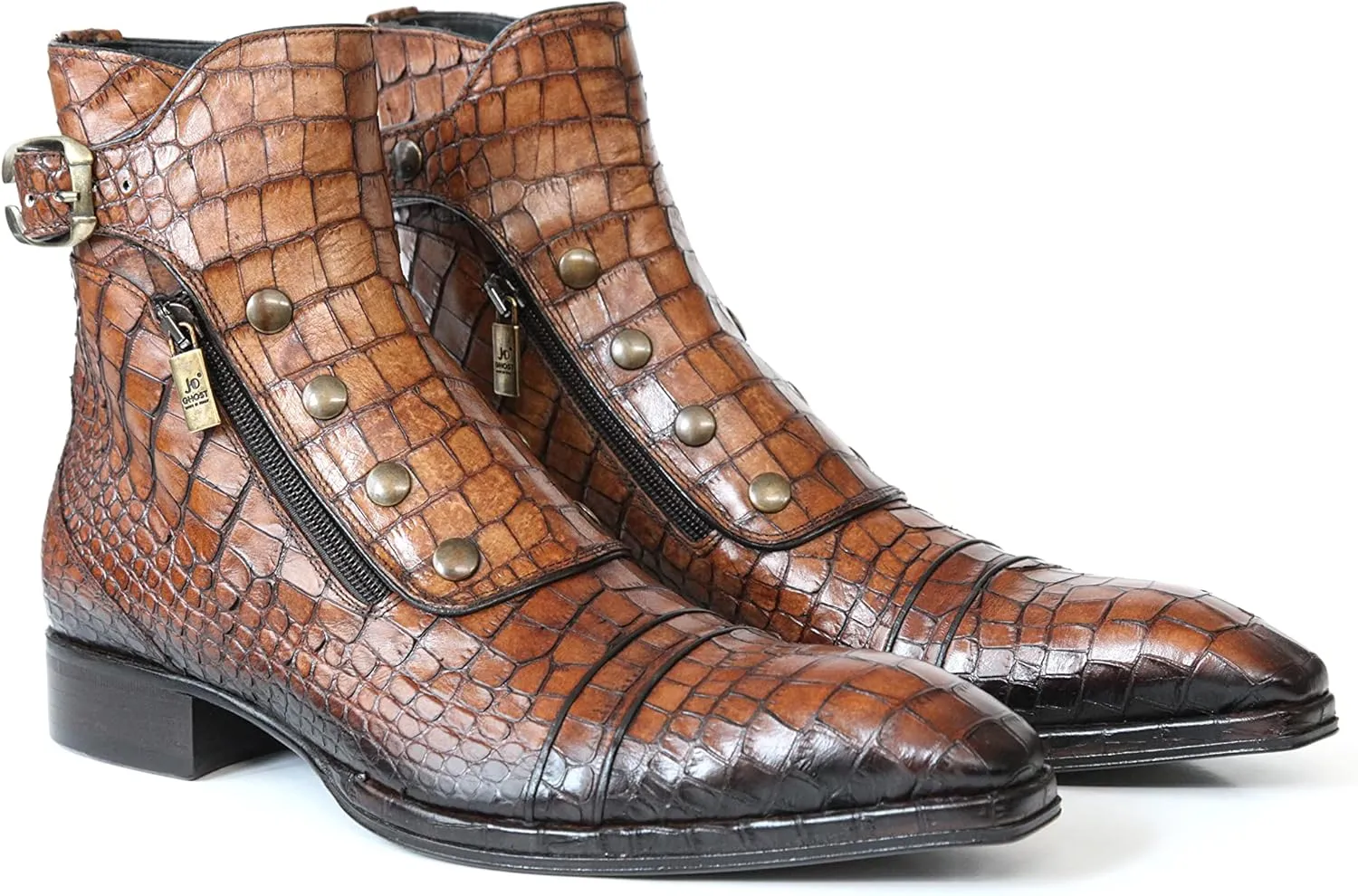 3206 Italian Cognac Crocodile Print Leather Ankle Boots with Zippers, Buttons & Buckle