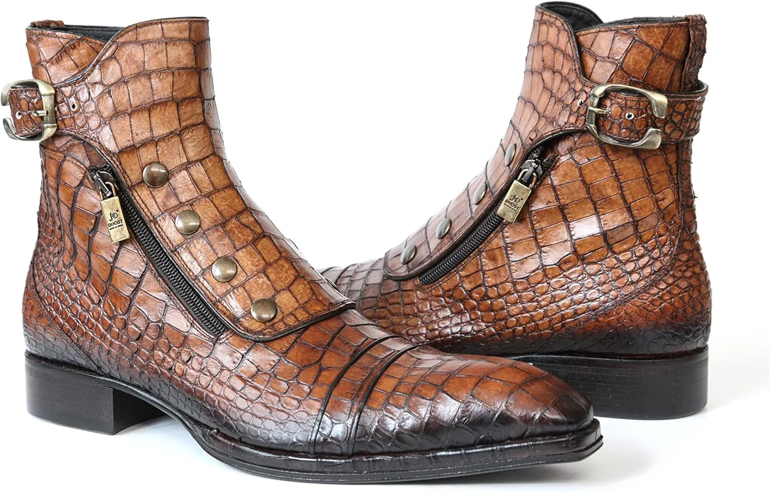 3206 Italian Cognac Crocodile Print Leather Ankle Boots with Zippers, Buttons & Buckle