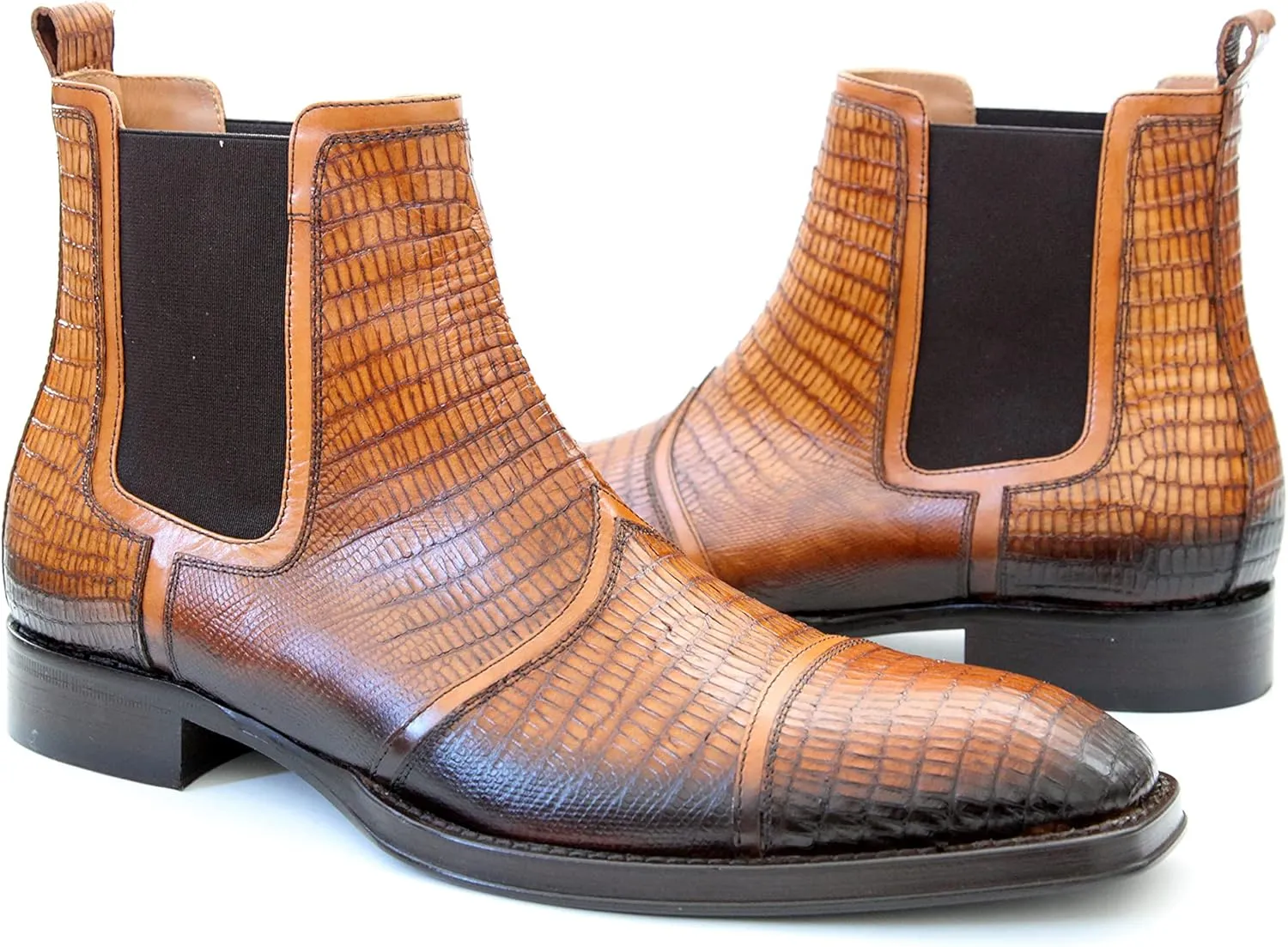 3226 Italian Cognac Lizard Print & Leather Pull-On Ankle Boots