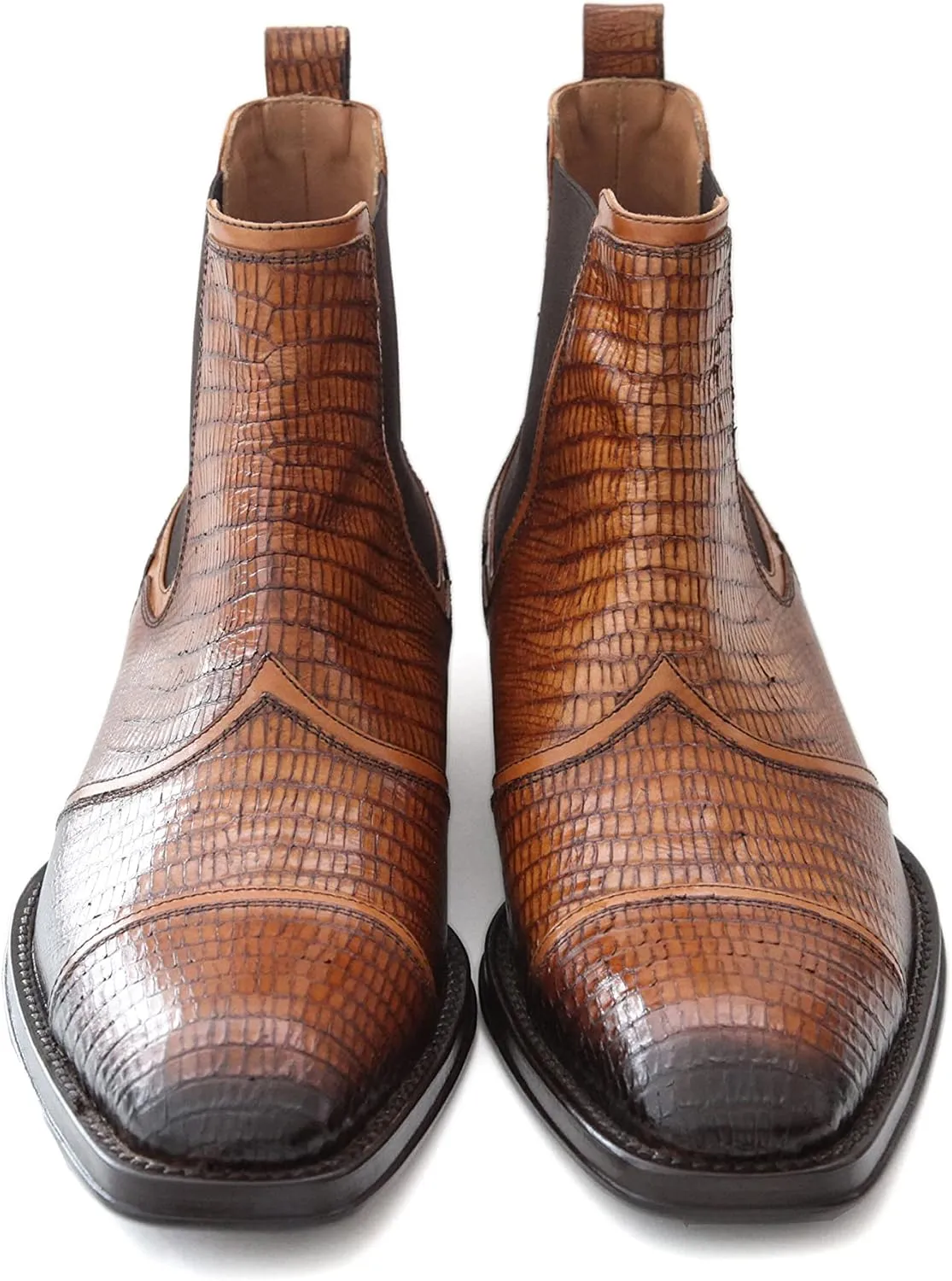 3226 Italian Cognac Lizard Print & Leather Pull-On Ankle Boots