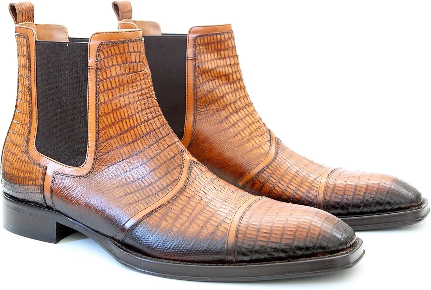 3226 Italian Cognac Lizard Print & Leather Pull-On Ankle Boots