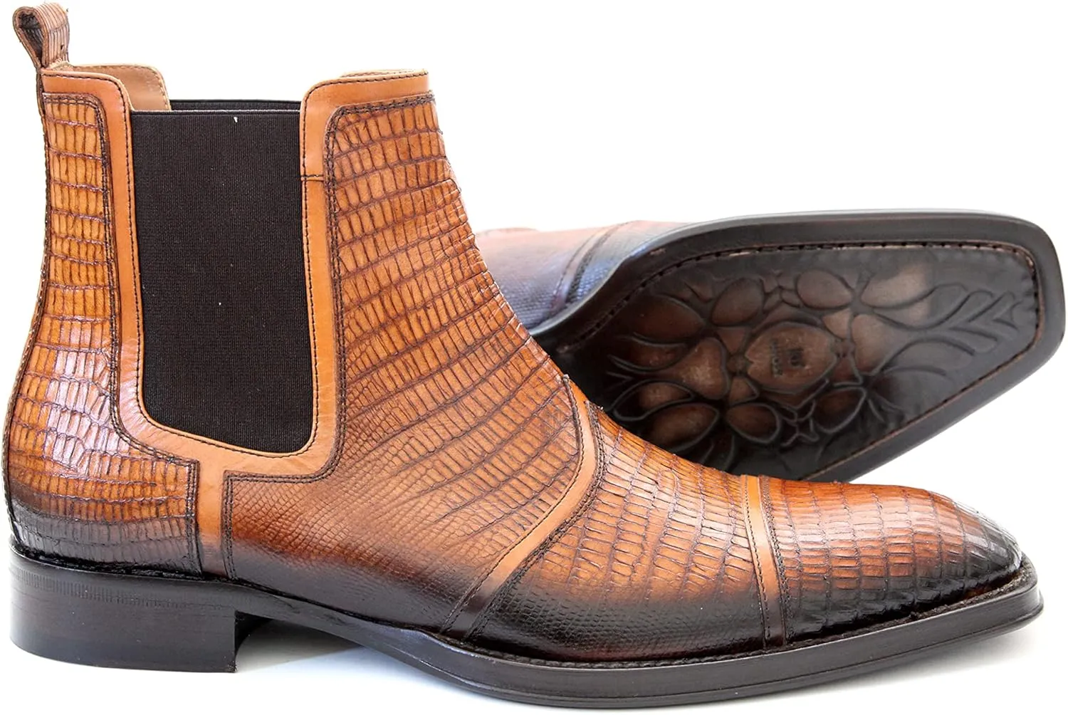3226 Italian Cognac Lizard Print & Leather Pull-On Ankle Boots