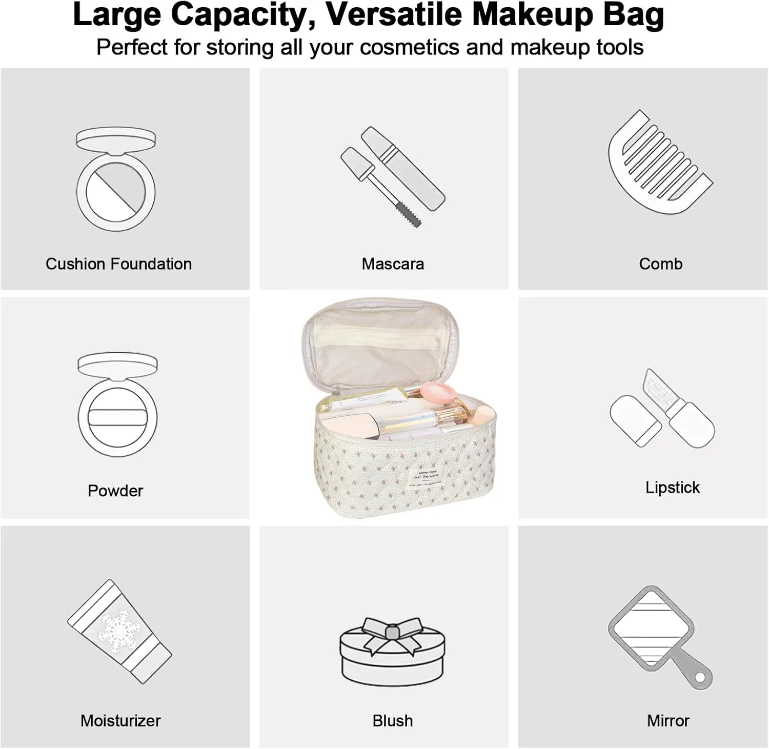 3Pcs Cotton Quilted Makeup Bag for Women Girls, Large Floral Cosmetic Bag Set Cute Makeup Brushes Aesthetic Accessories Storage Bag Little Flower Travel Toiletry Bag Organizer