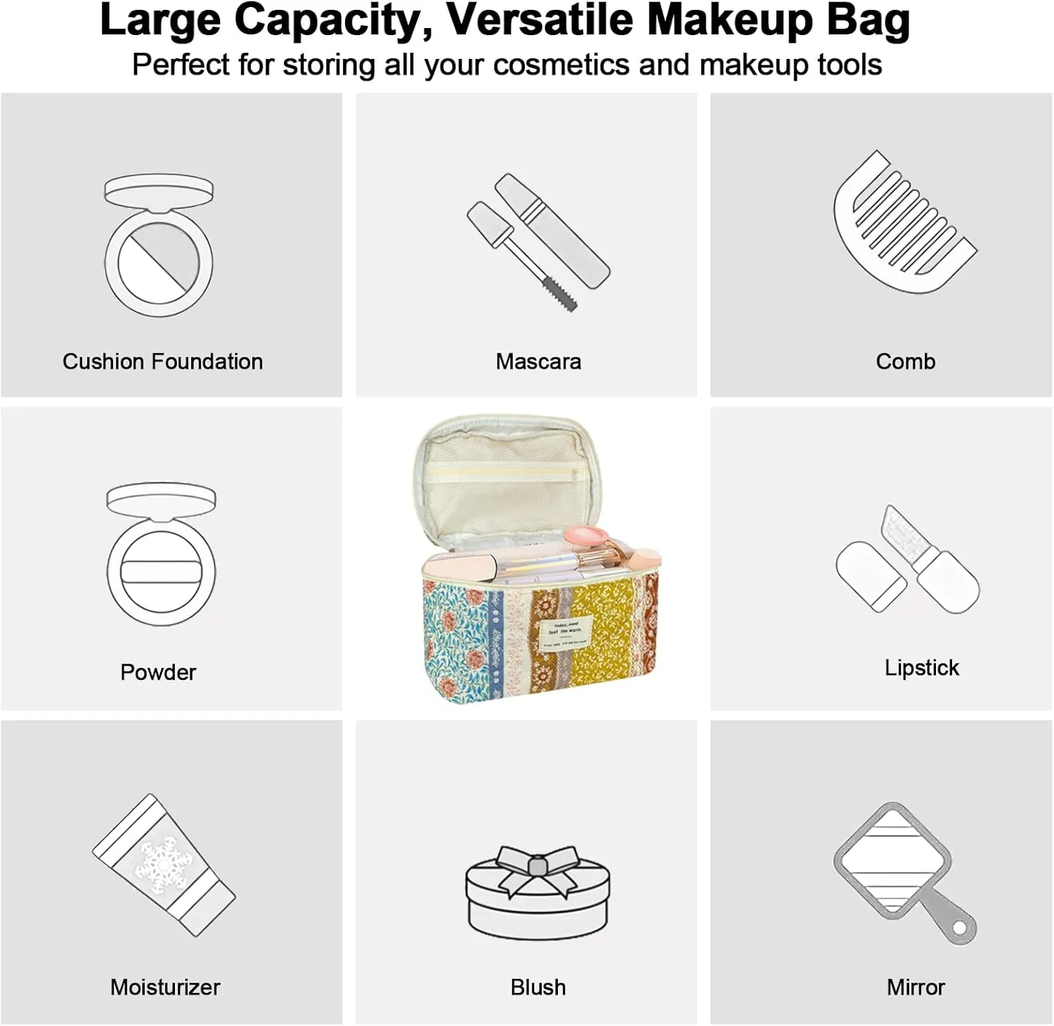 3Pcs Cotton Quilted Makeup Bag for Women Girls, Large Floral Cosmetic Bag Set Cute Makeup Brushes Aesthetic Accessories Storage Bag Travel Toiletry Bag Organizer for Women