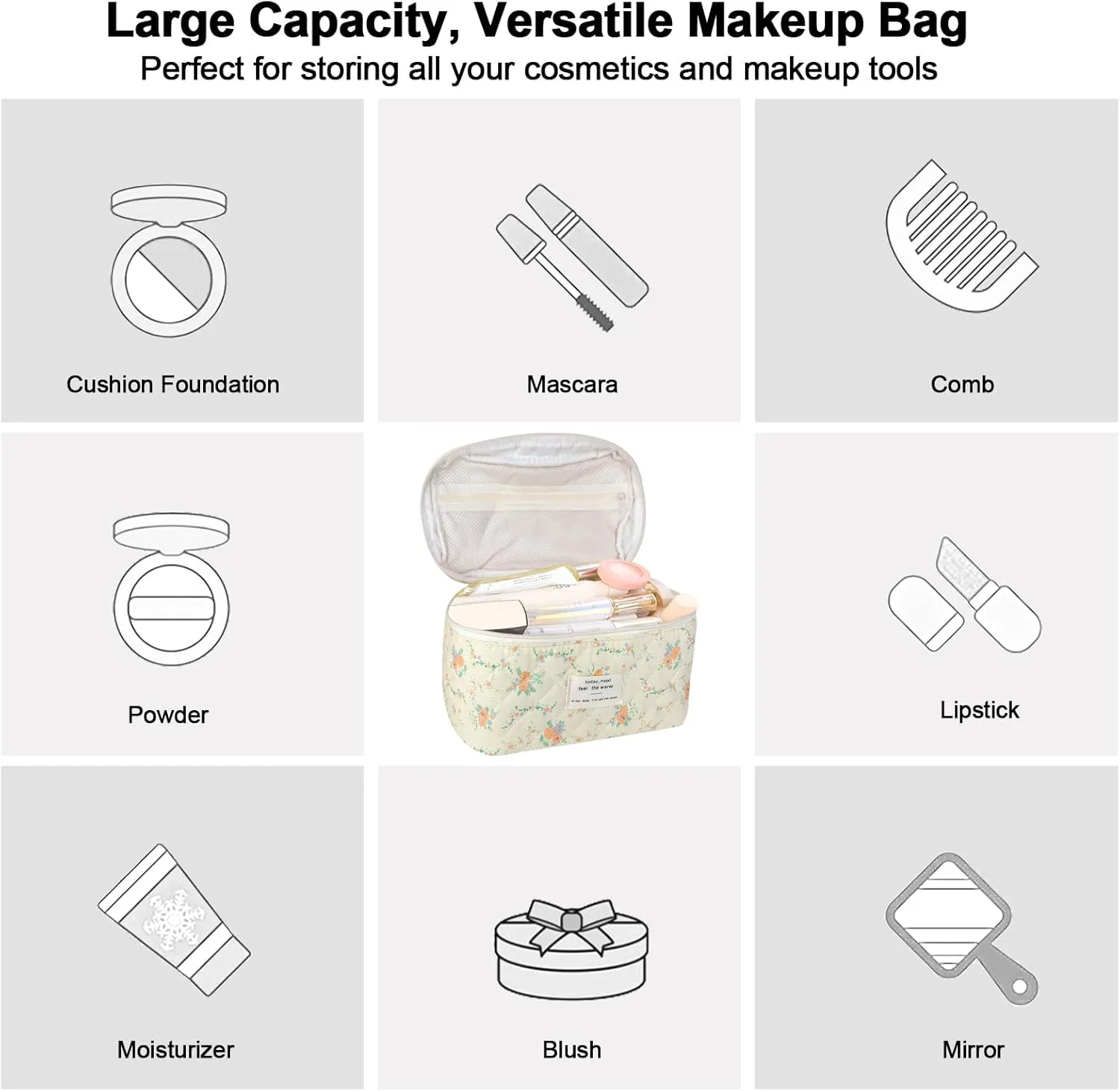 3Pcs Cotton Quilted Makeup Bag for Women Girls, Large Floral Cosmetic Bag Set Cute Makeup Brushes Aesthetic Accessories Storage Bag Yellow Daylily Flower Travel Toiletry Bag Organizer