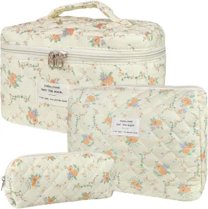 3Pcs Cotton Quilted Makeup Bag for Women Girls, Large Floral Cosmetic Bag Set Cute Makeup Brushes Aesthetic Accessories Storage Bag Yellow Daylily Flower Travel Toiletry Bag Organizer