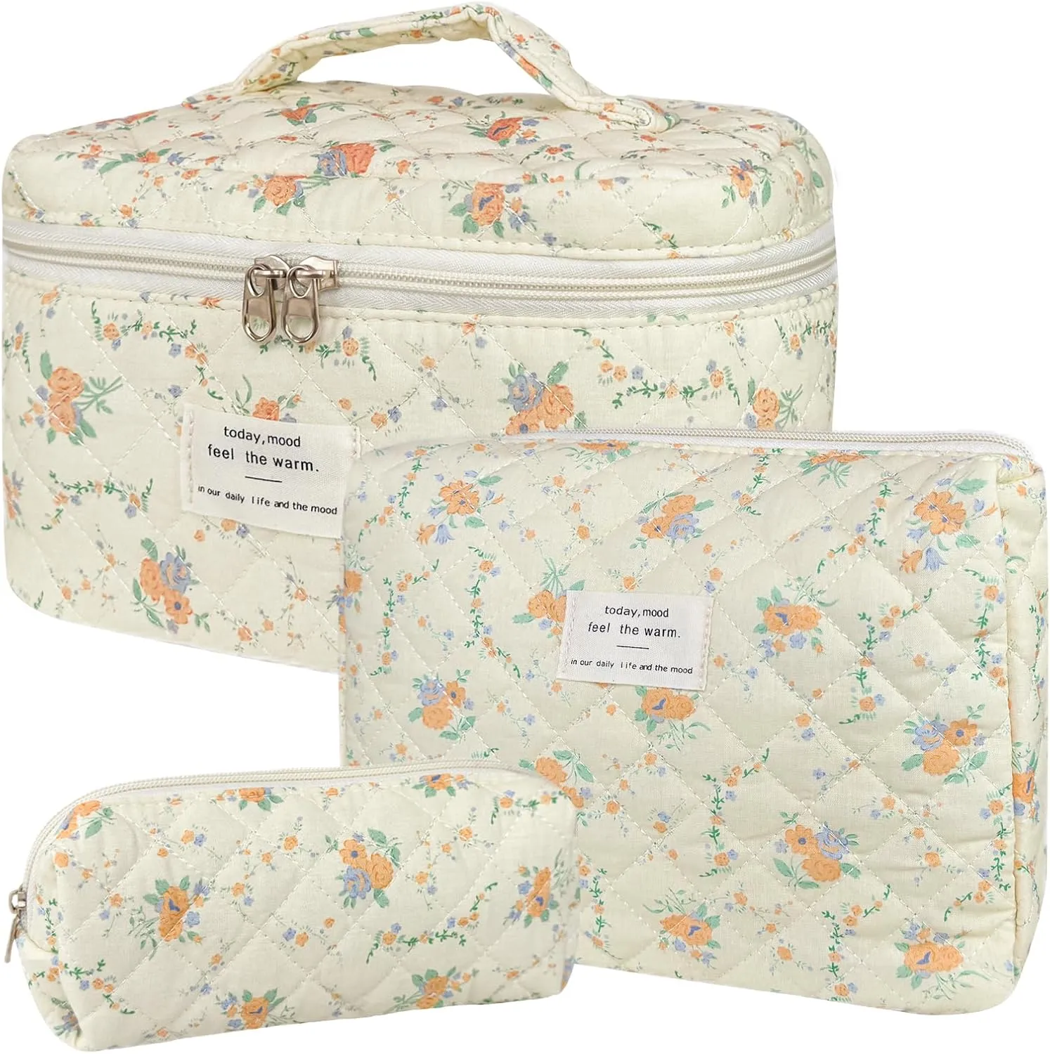 3Pcs Cotton Quilted Makeup Bag for Women Girls, Large Floral Cosmetic Bag Set Cute Makeup Brushes Aesthetic Accessories Storage Bag Yellow Daylily Flower Travel Toiletry Bag Organizer