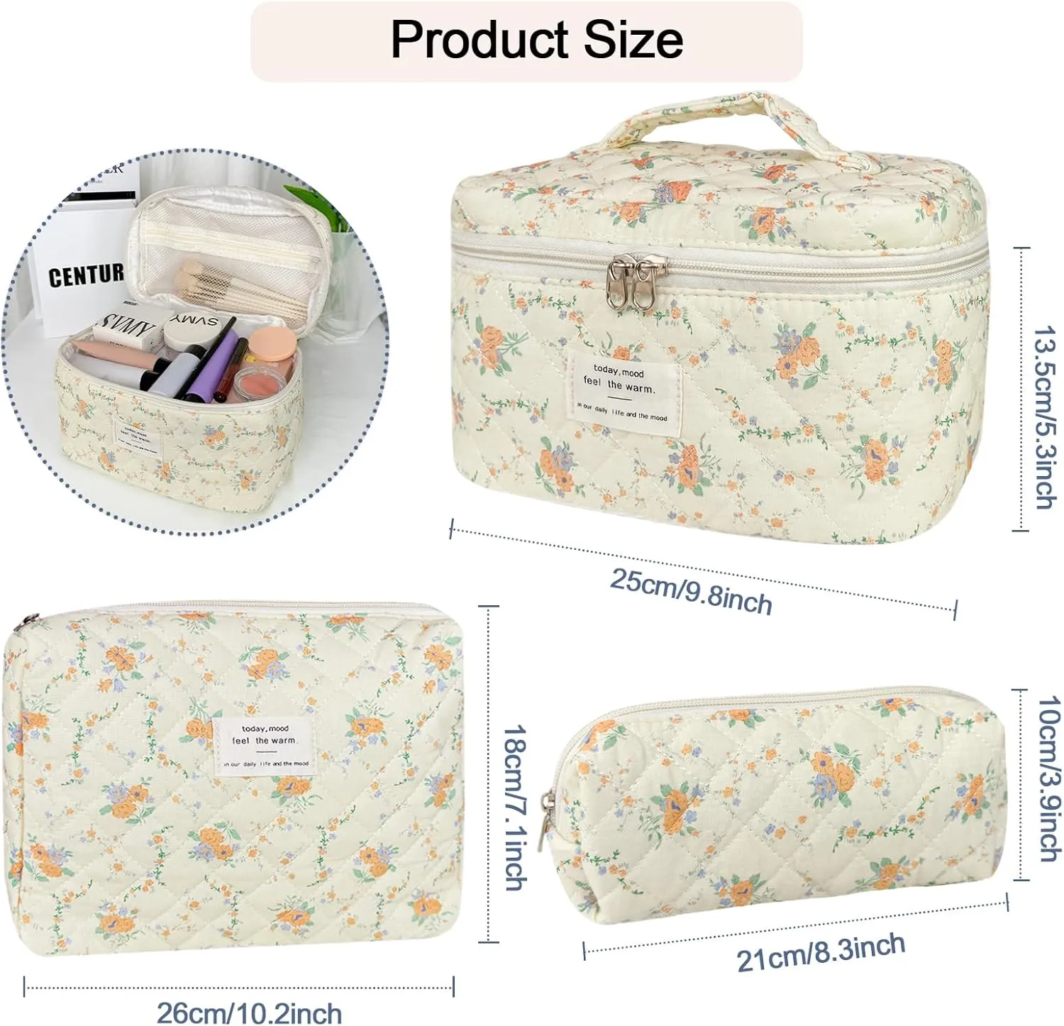 3Pcs Cotton Quilted Makeup Bag for Women Girls, Large Floral Cosmetic Bag Set Cute Makeup Brushes Aesthetic Accessories Storage Bag Yellow Daylily Flower Travel Toiletry Bag Organizer