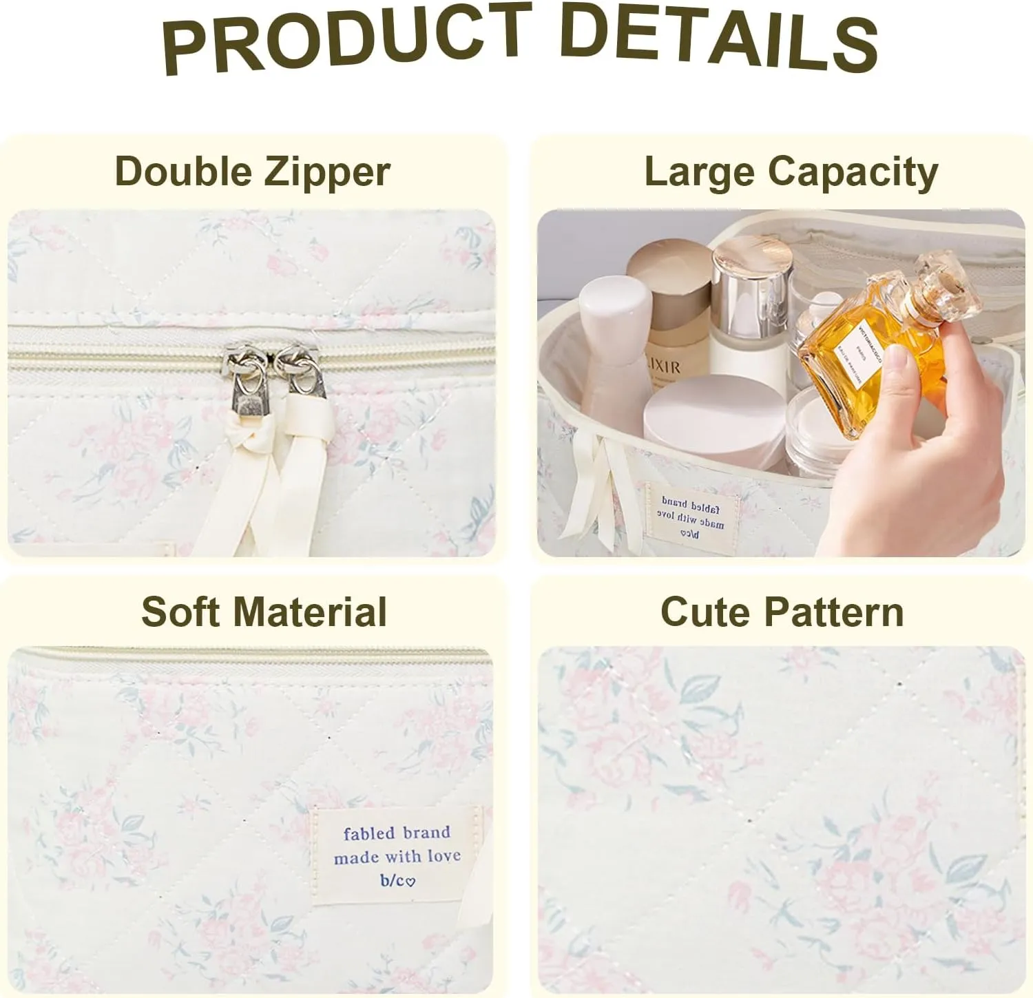 3Pcs Cotton Quilted Makeup Bag Large Travel Cosmetic Bag Coquette Makeup Pouch Cute Aesthetic Floral Toiletry Bag for Women Girls (flower-S)