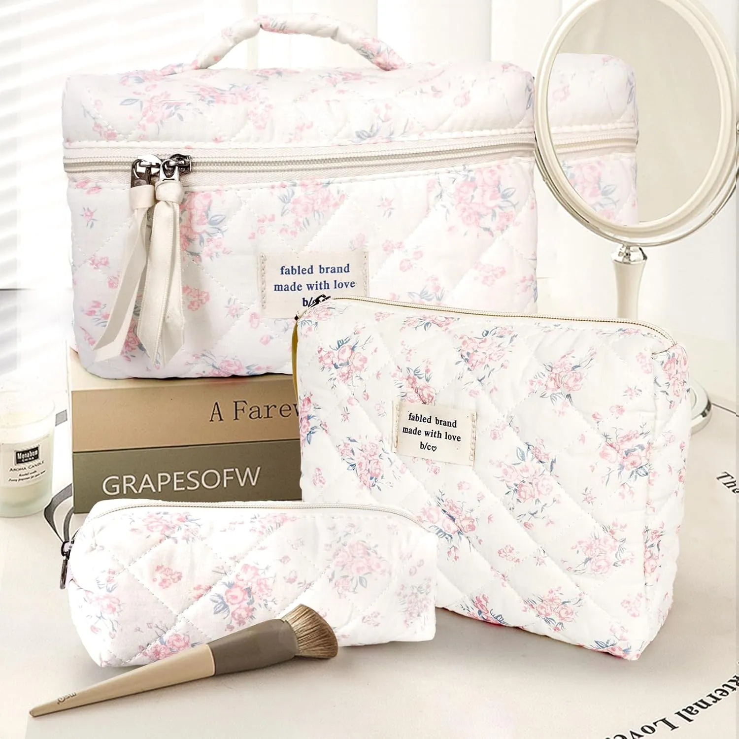 3Pcs Cotton Quilted Makeup Bag Large Travel Cosmetic Bag Coquette Makeup Pouch Cute Aesthetic Floral Toiletry Bag for Women Girls (flower-S)