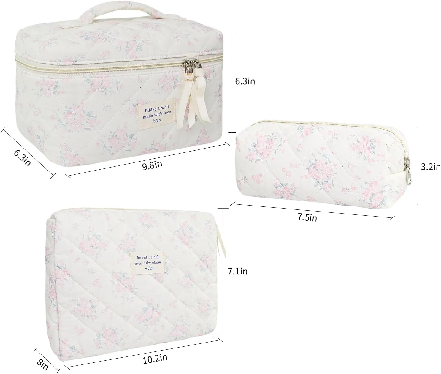 3Pcs Cotton Quilted Makeup Bag Large Travel Cosmetic Bag Coquette Makeup Pouch Cute Aesthetic Floral Toiletry Bag for Women Girls (flower-S)
